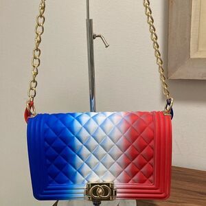 NWOT PVC Shoulder/Crossbody Handbag in Red/White/Blue with Gold-tone Hardware.